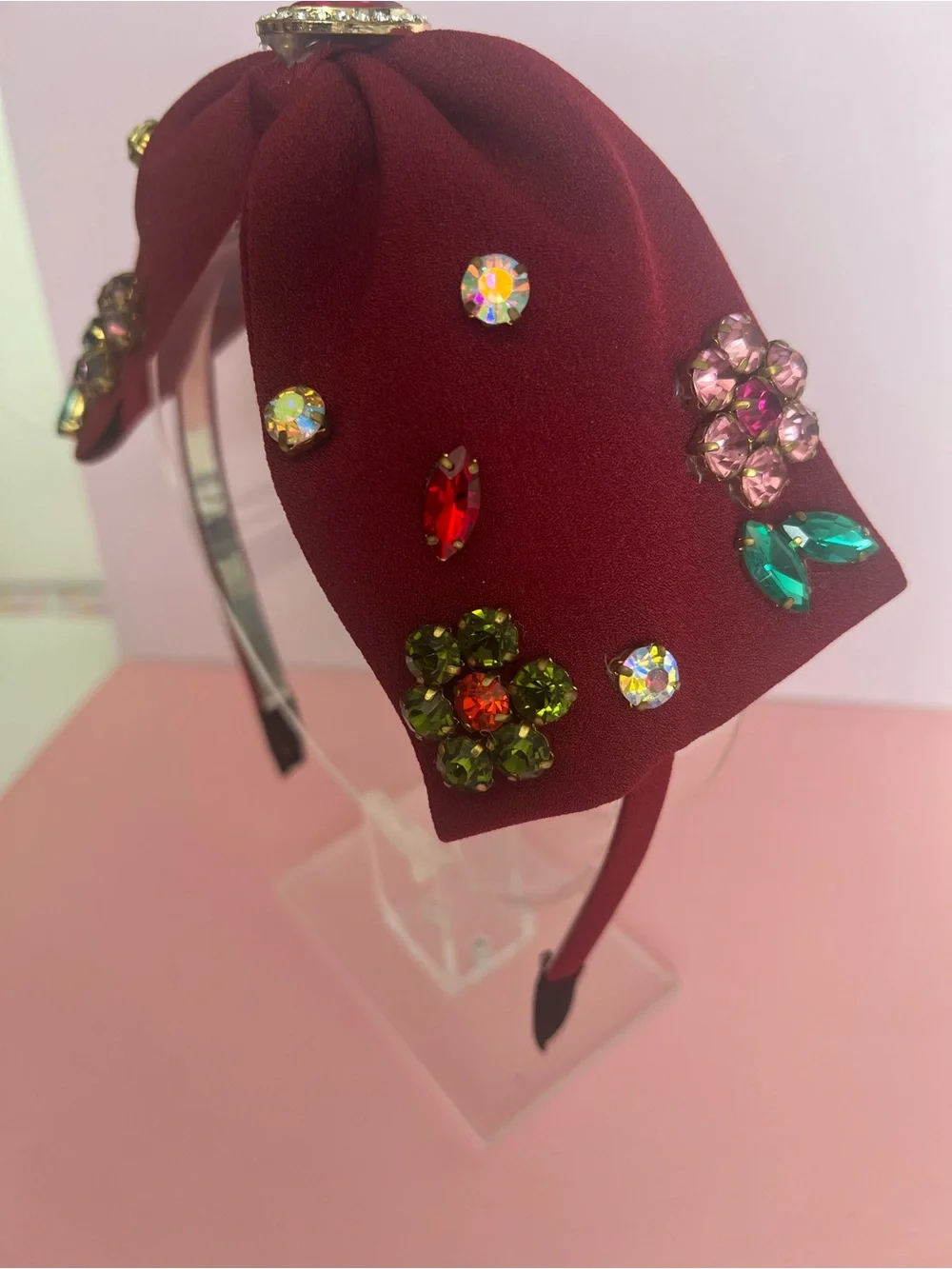 Embellished Burgundy Bow Headband - Women Accessories